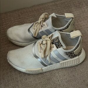 Adidas NMD R1 Cream and Silver with Leopard Accents